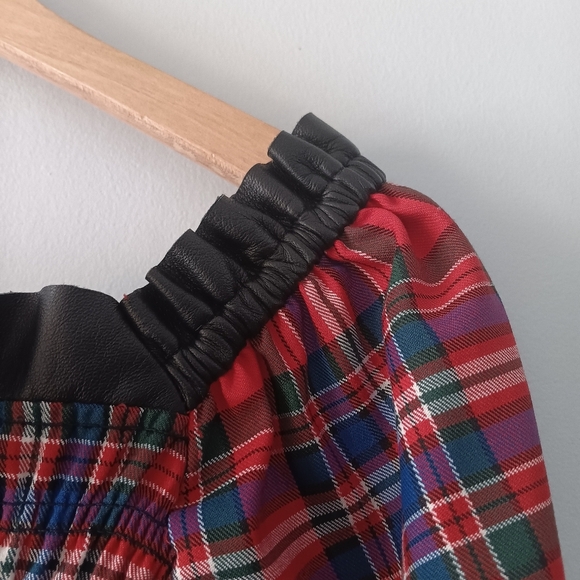 Tanya Taylor Red Plaid Smocked Peplum Cropped Blouse Leather Trim Size 2 - Picture 6 of 11